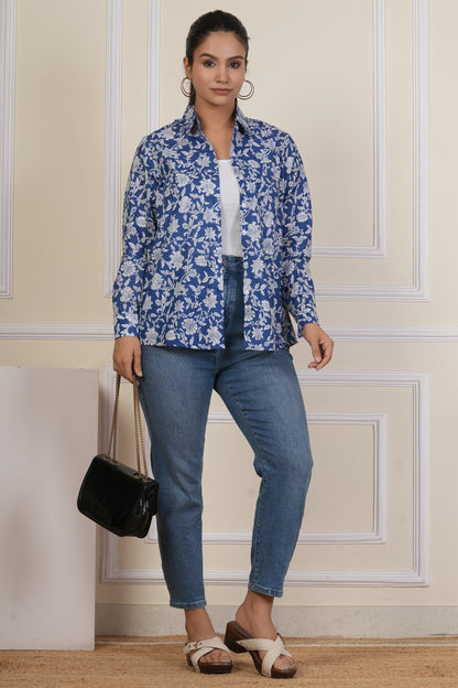 Royal Blue Floral Printed Women’s Casual Shirt