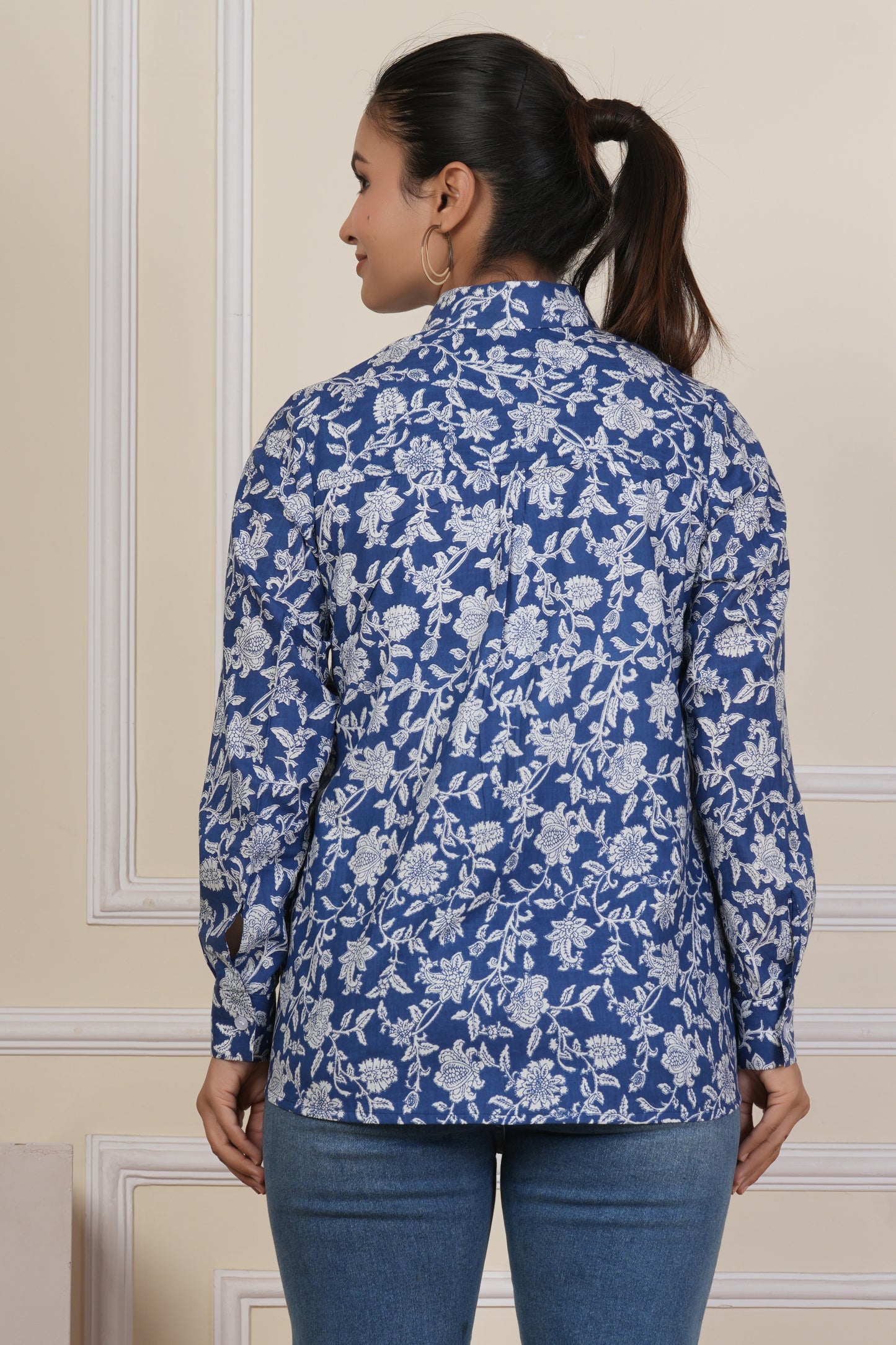 Royal Blue Floral Printed Women’s Casual Shirt