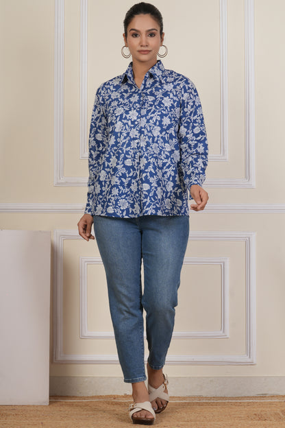 Royal Blue Floral Printed Women’s Casual Shirt