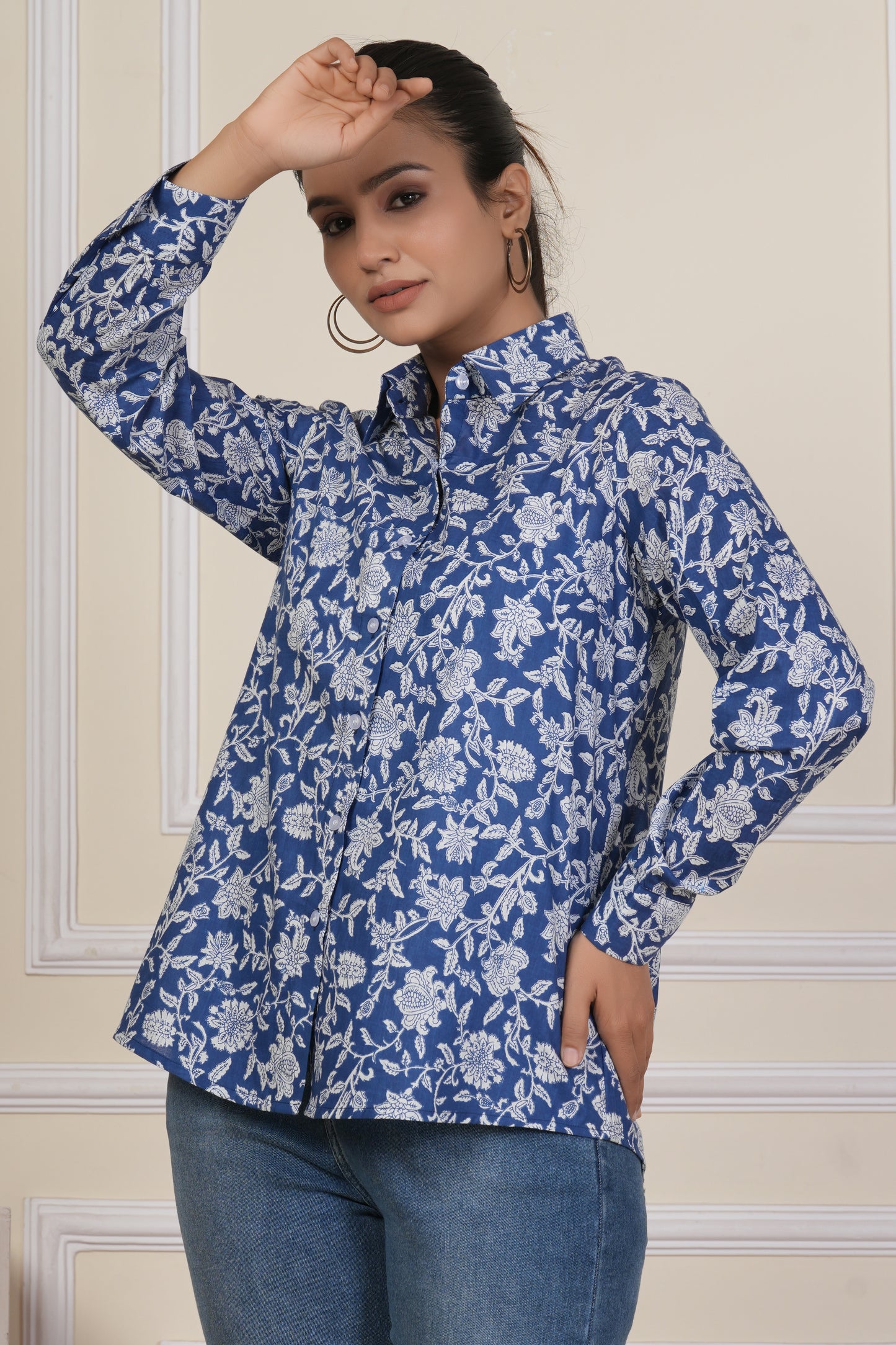 Royal Blue Floral Printed Women’s Casual Shirt