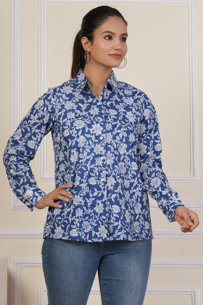 Royal Blue Floral Printed Women’s Casual Shirt
