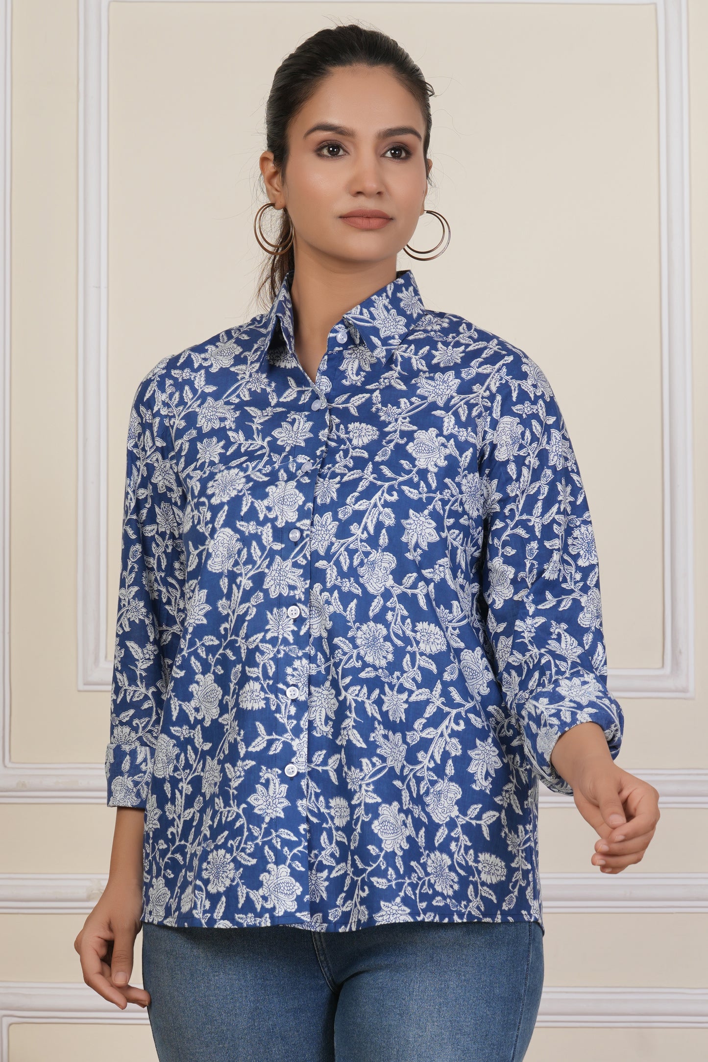 Royal Blue Floral Printed Women’s Casual Shirt