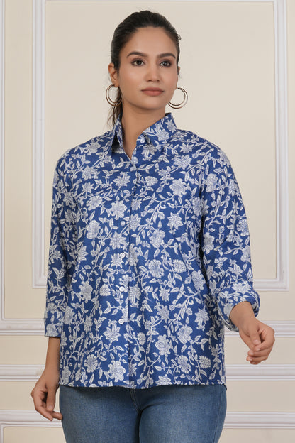 Royal Blue Floral Printed Women’s Casual Shirt