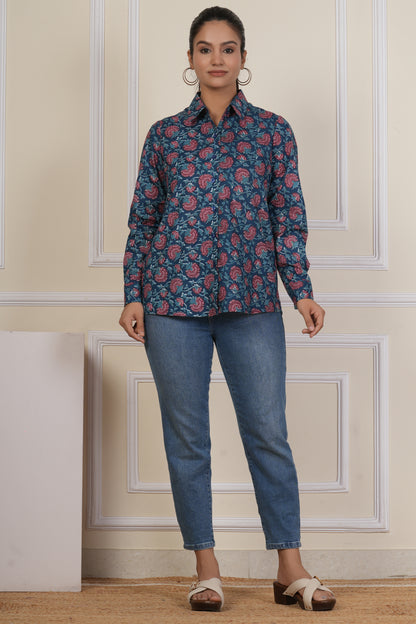 Midnight Blue Floral Printed Women’s Casual Shirt