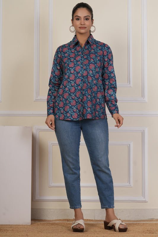 Midnight Blue Floral Printed Women’s Casual Shirt