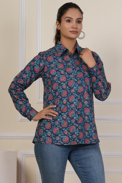 Midnight Blue Floral Printed Women’s Casual Shirt