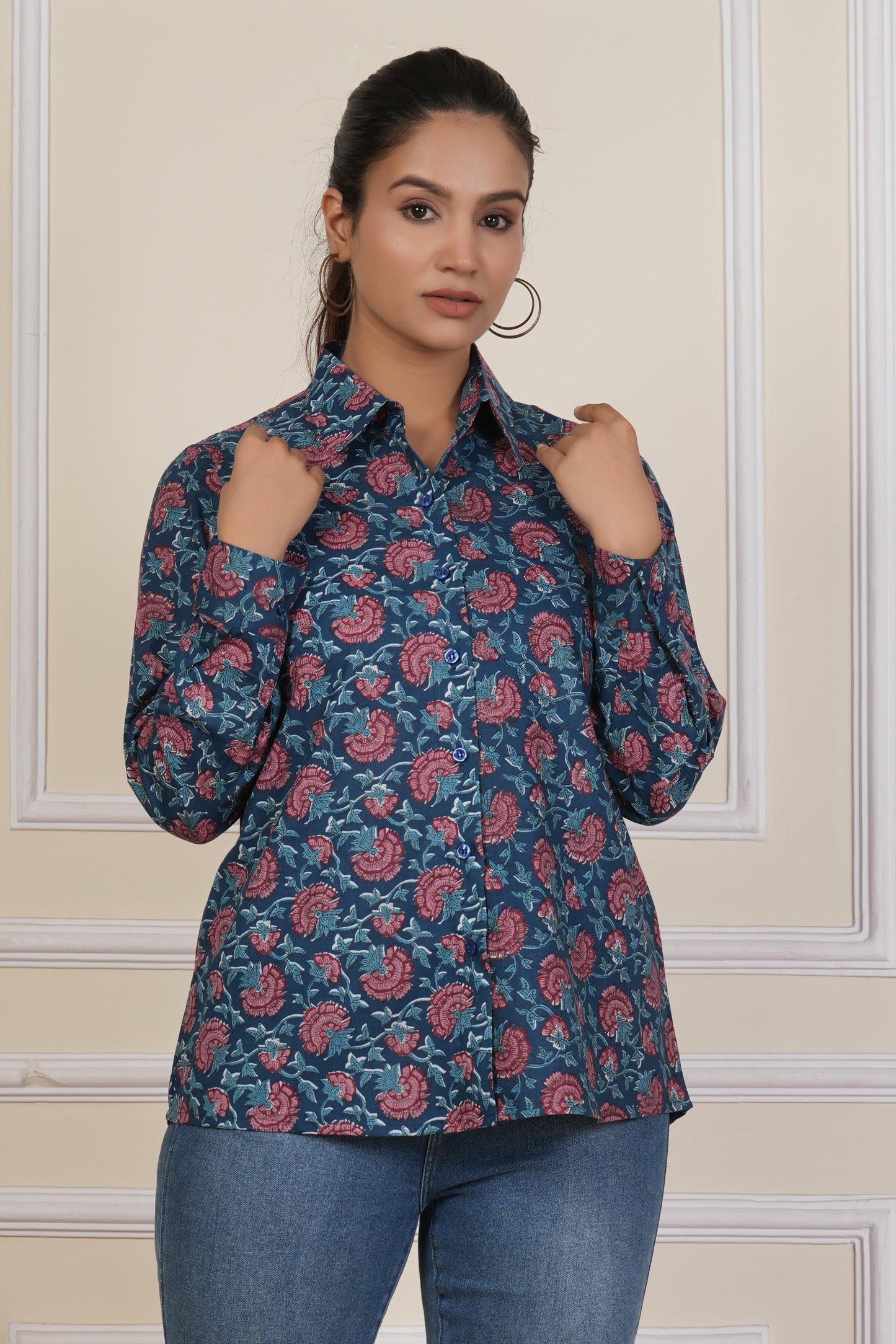Midnight Blue Floral Printed Women’s Casual Shirt