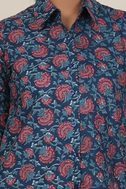 Midnight Blue Floral Printed Women’s Casual Shirt
