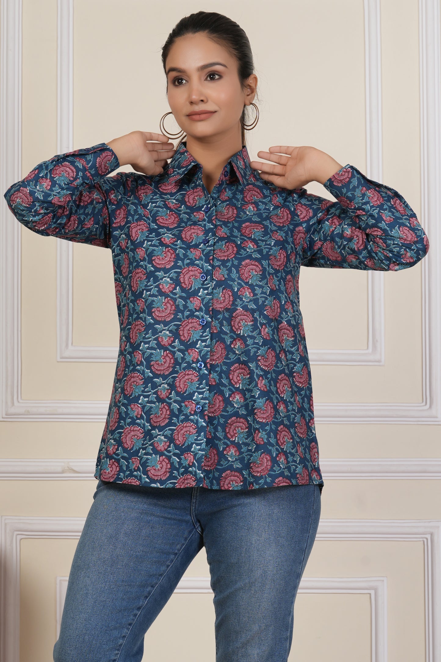 Midnight Blue Floral Printed Women’s Casual Shirt