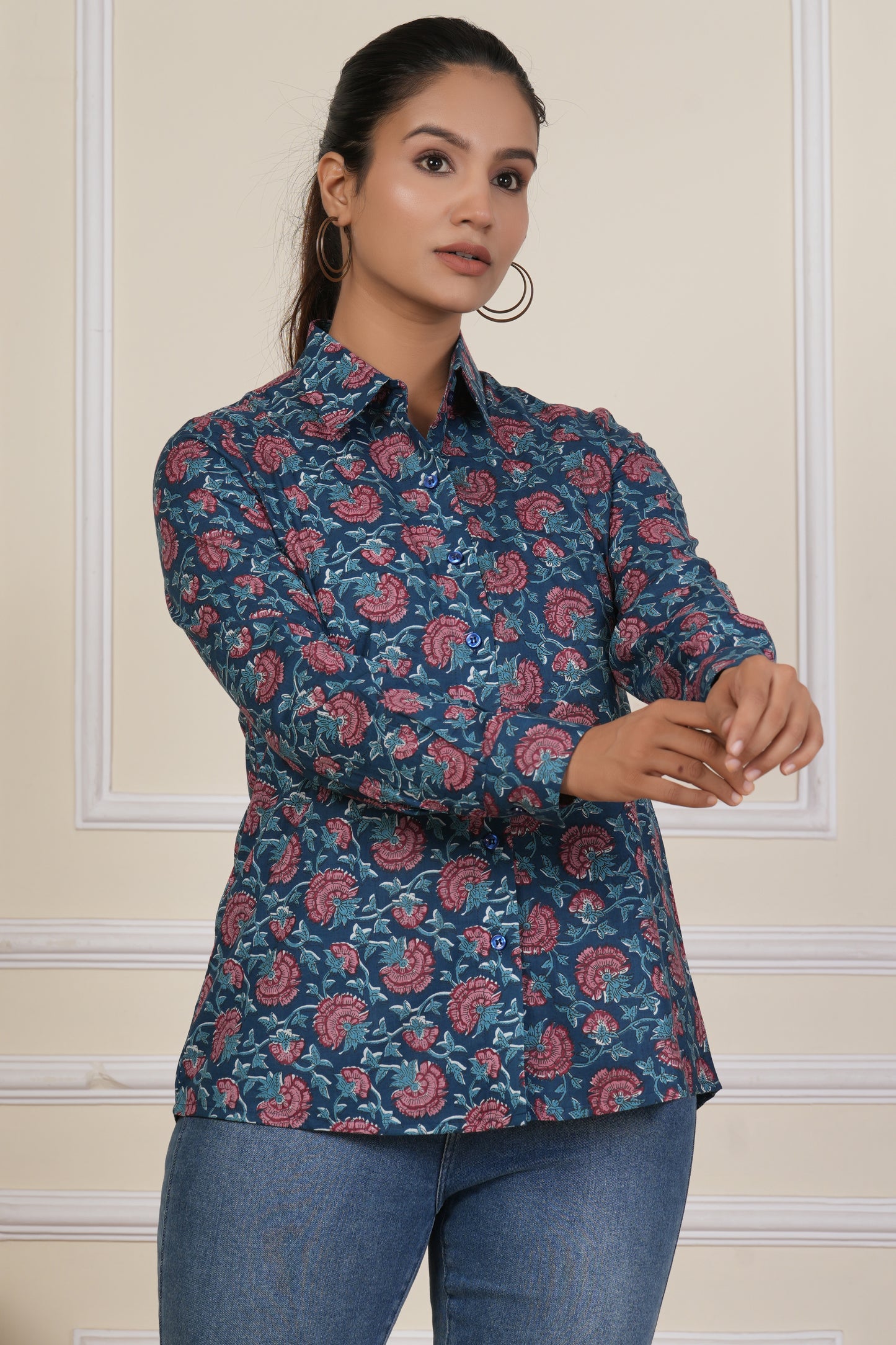 Midnight Blue Floral Printed Women’s Casual Shirt