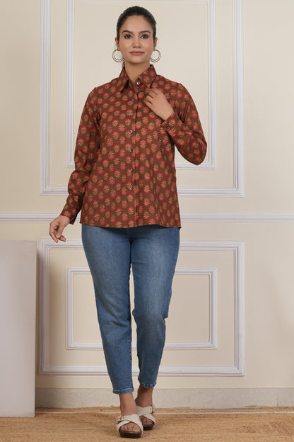 Rust Brown Floral Printed Women’s Casual Shirt