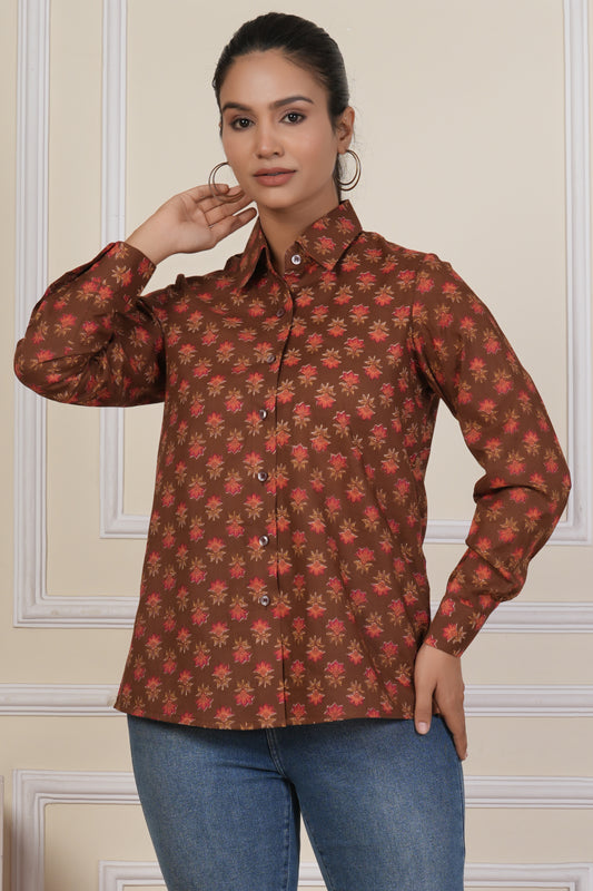 Rust Brown Floral Printed Women’s Casual Shirt