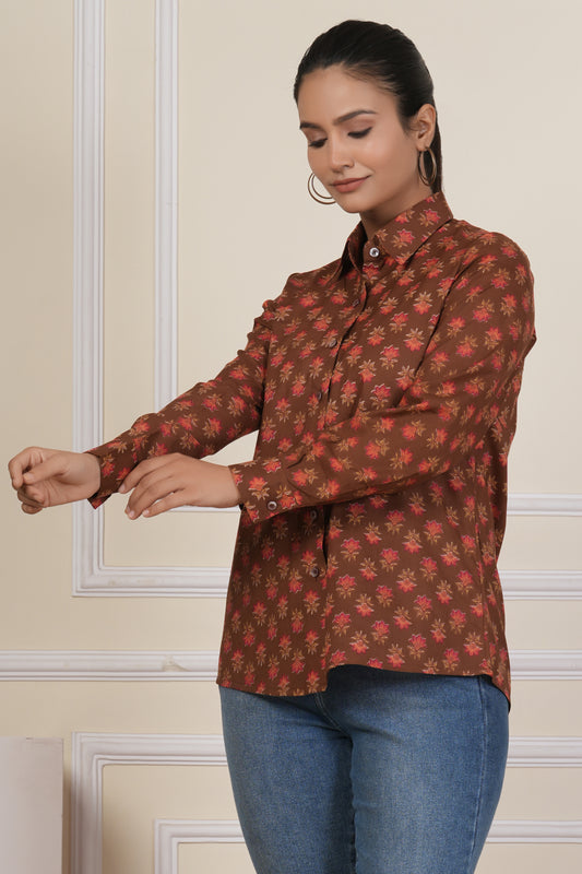 Rust Brown Floral Printed Women’s Casual Shirt