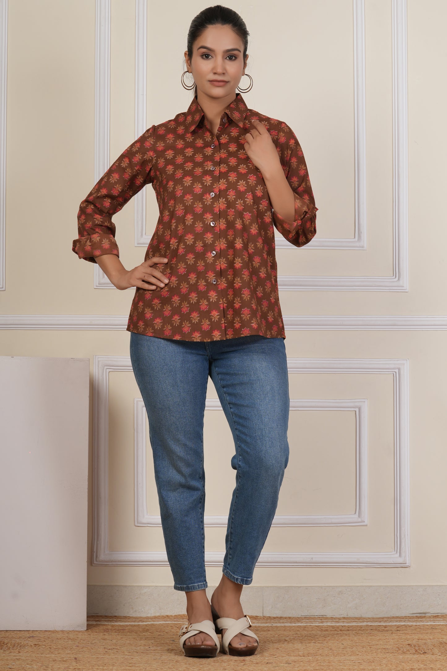 Rust Brown Floral Printed Women’s Casual Shirt