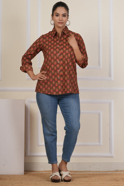Rust Brown Floral Printed Women’s Casual Shirt