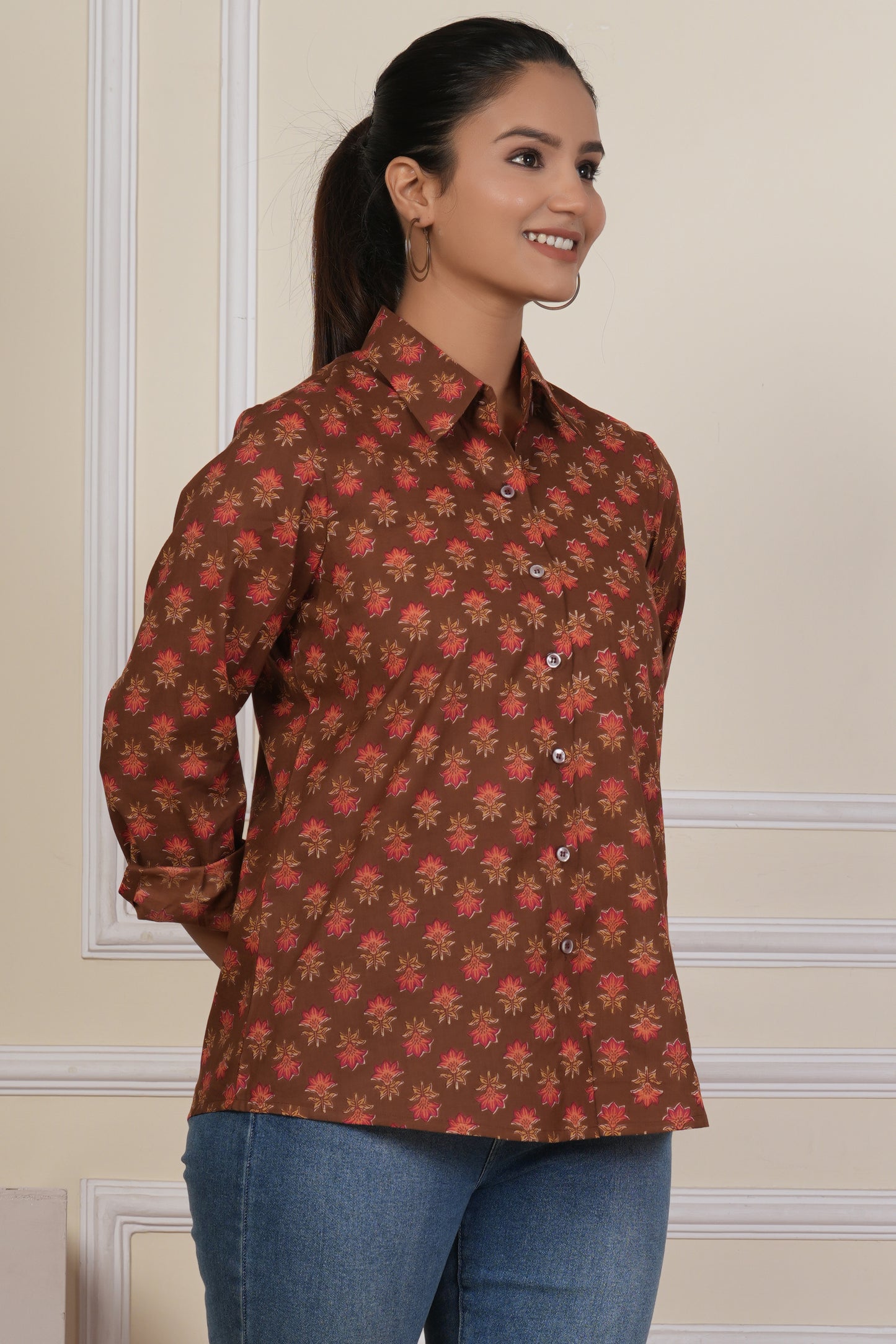 Rust Brown Floral Printed Women’s Casual Shirt