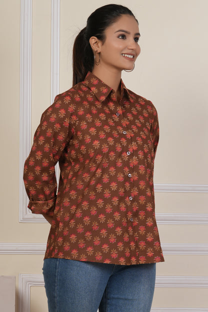 Rust Brown Floral Printed Women’s Casual Shirt