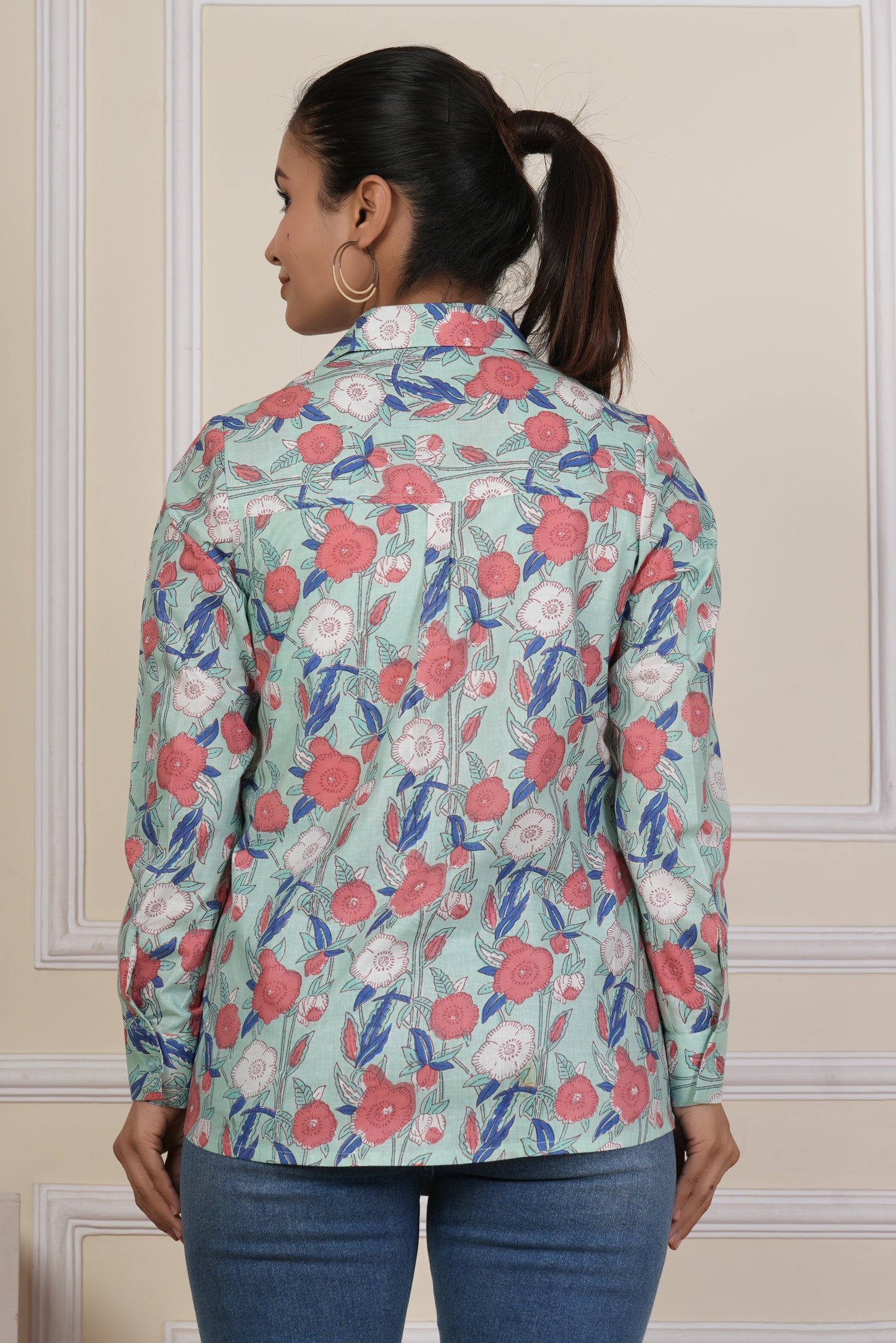 Mint Green Floral Printed Women’s Casual Shirt