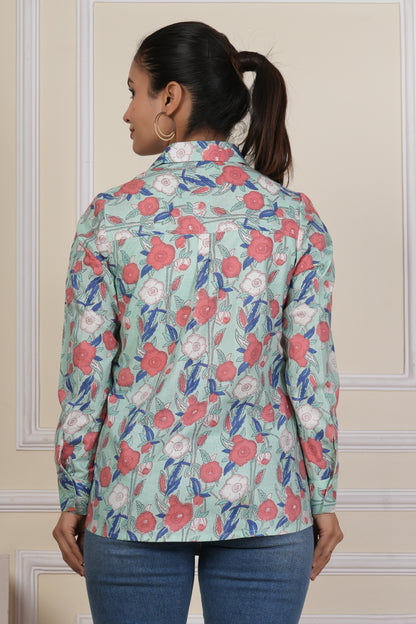 Mint Green Floral Printed Women’s Casual Shirt