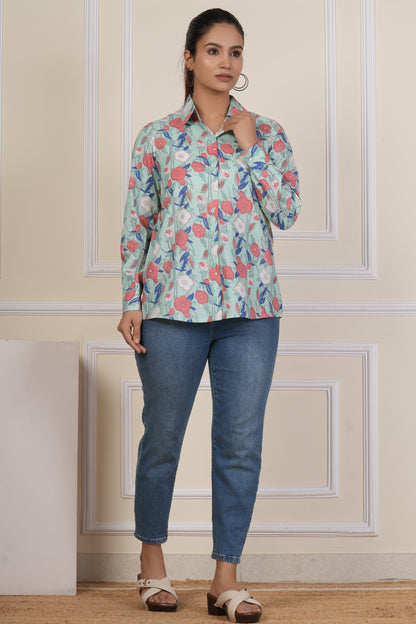 Mint Green Floral Printed Women’s Casual Shirt