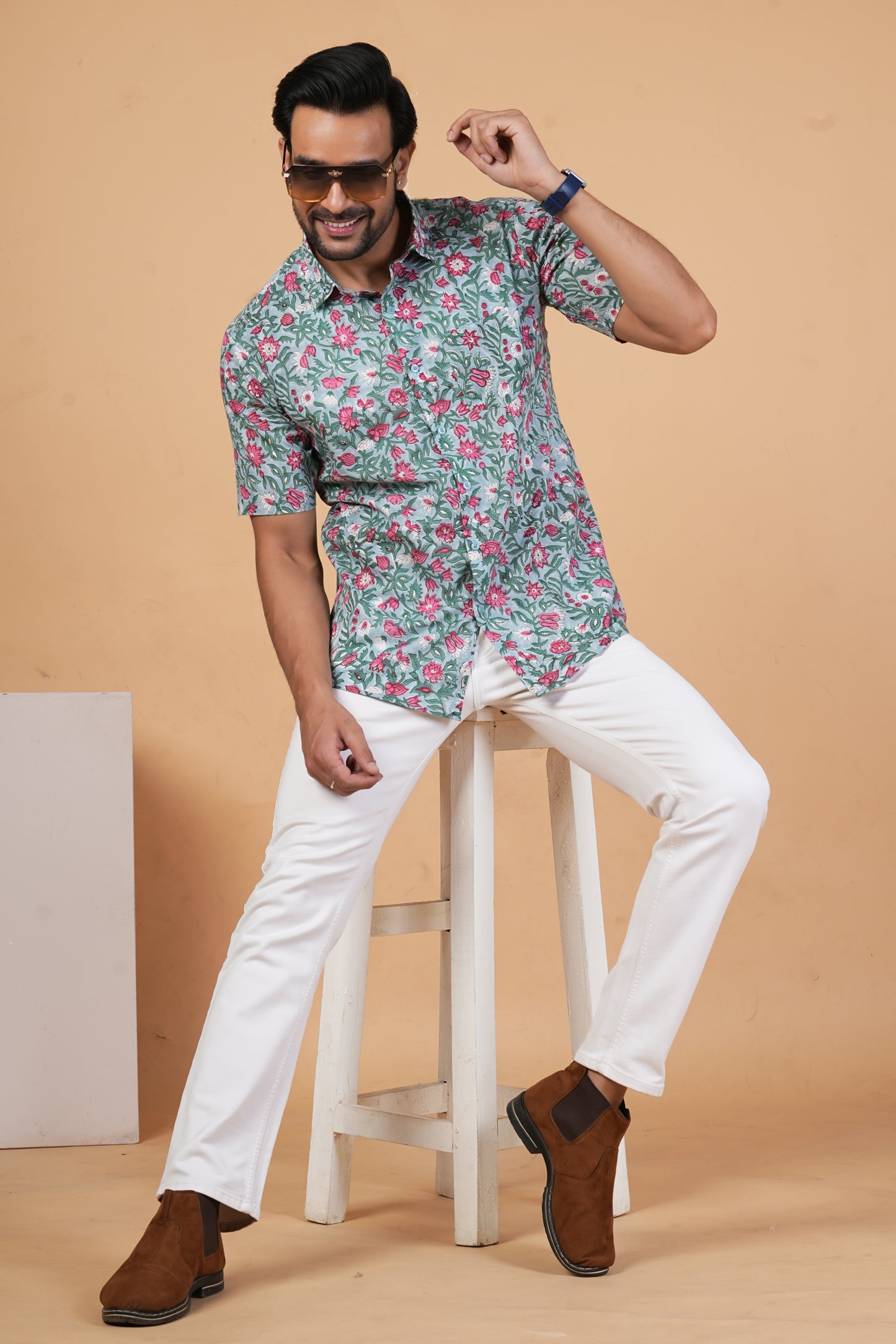 Dusty Blue Garden Shirt with Lotus