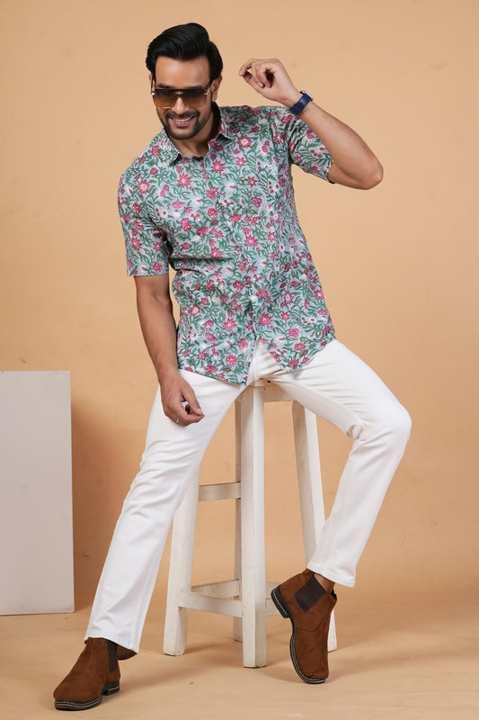 Dusty Blue Garden Shirt with Lotus