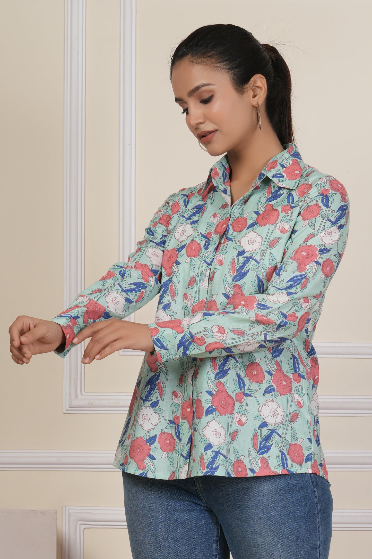 Mint Green Floral Printed Women’s Casual Shirt