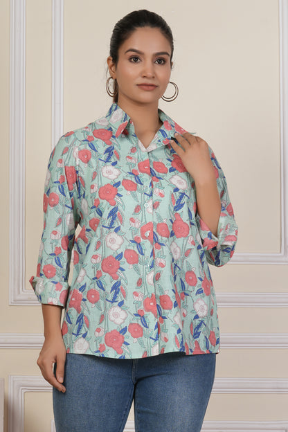 Mint Green Floral Printed Women’s Casual Shirt