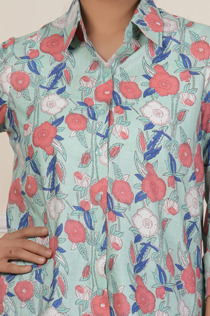 Mint Green Floral Printed Women’s Casual Shirt