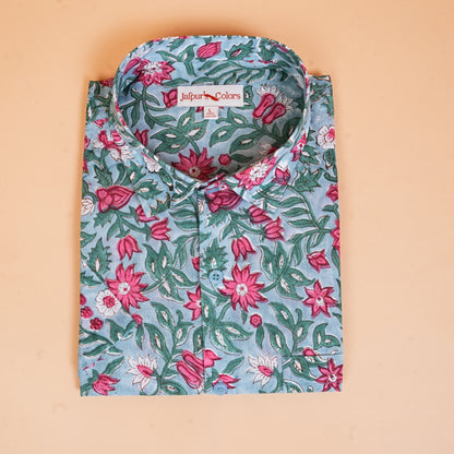 Dusty Blue Garden Shirt with Lotus