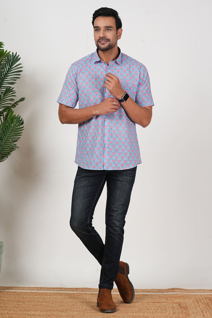 This Blue Doesn’t Fade, It Blooms Floral Print Cotton Half Sleeve Shirt for Men