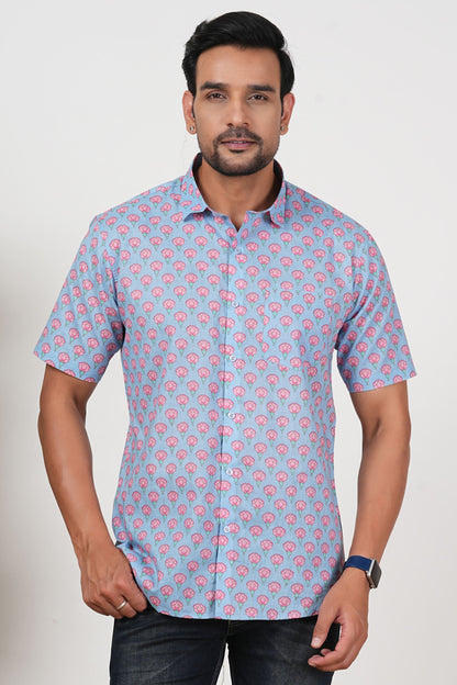This Blue Doesn’t Fade, It Blooms Floral Print Cotton Half Sleeve Shirt for Men