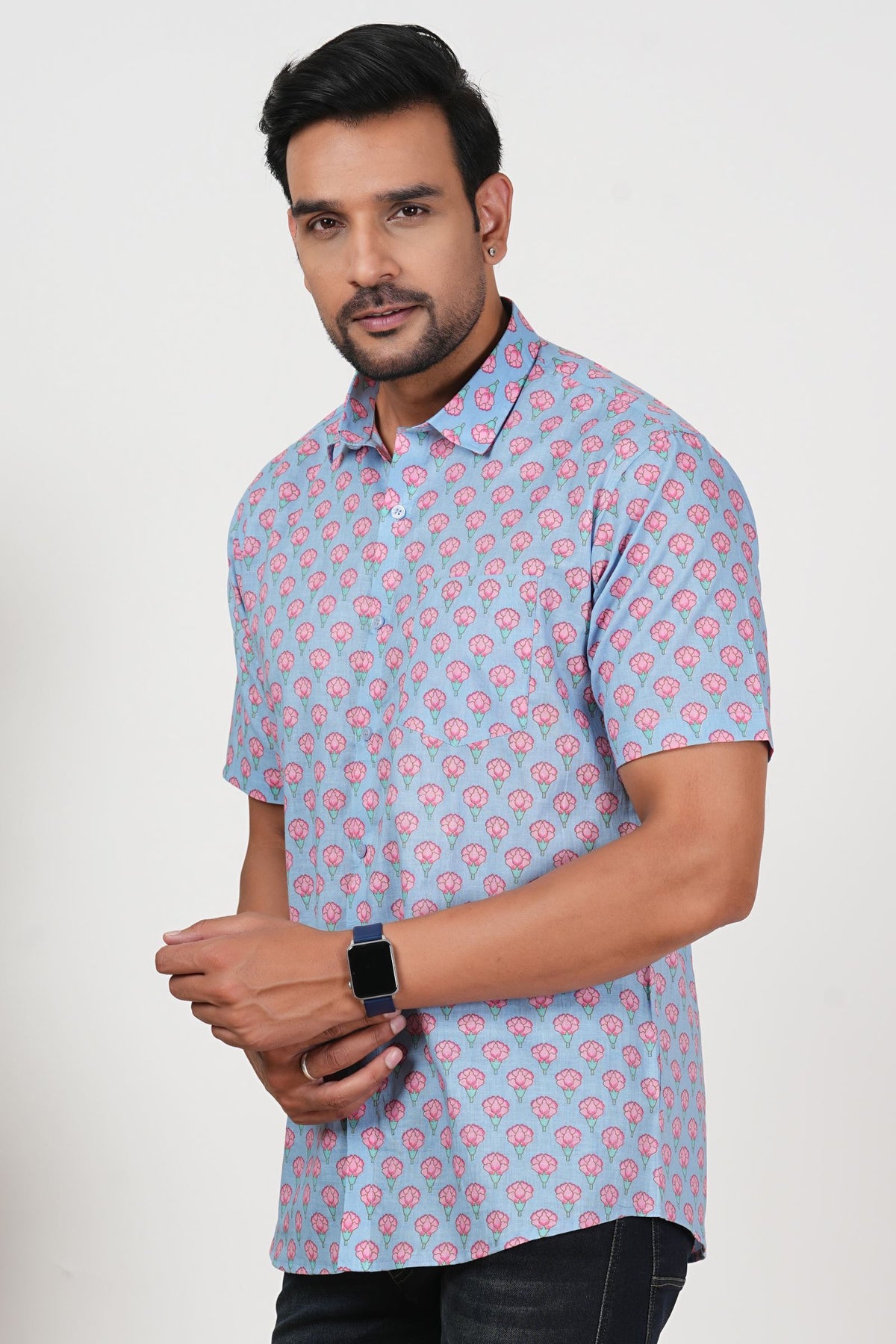 This Blue Doesn’t Fade, It Blooms Floral Print Cotton Half Sleeve Shirt for Men