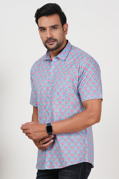 This Blue Doesn’t Fade, It Blooms Floral Print Cotton Half Sleeve Shirt for Men