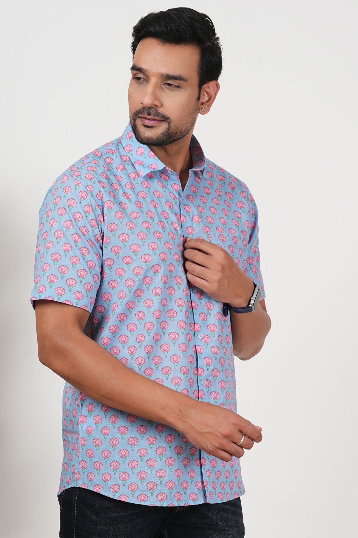 This Blue Doesn’t Fade, It Blooms Floral Print Cotton Half Sleeve Shirt for Men