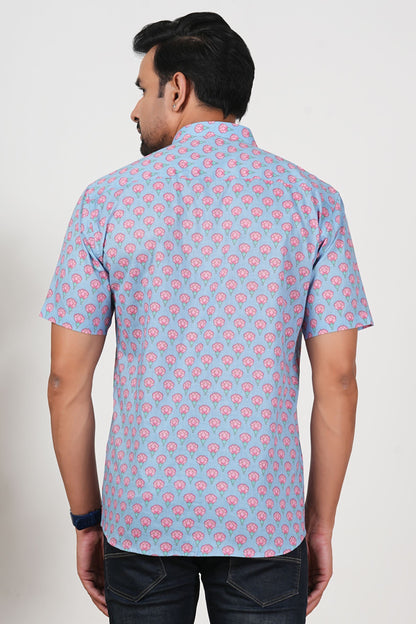This Blue Doesn’t Fade, It Blooms Floral Print Cotton Half Sleeve Shirt for Men