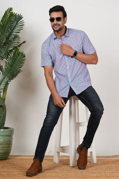 This Blue Doesn’t Fade, It Blooms Floral Print Cotton Half Sleeve Shirt for Men