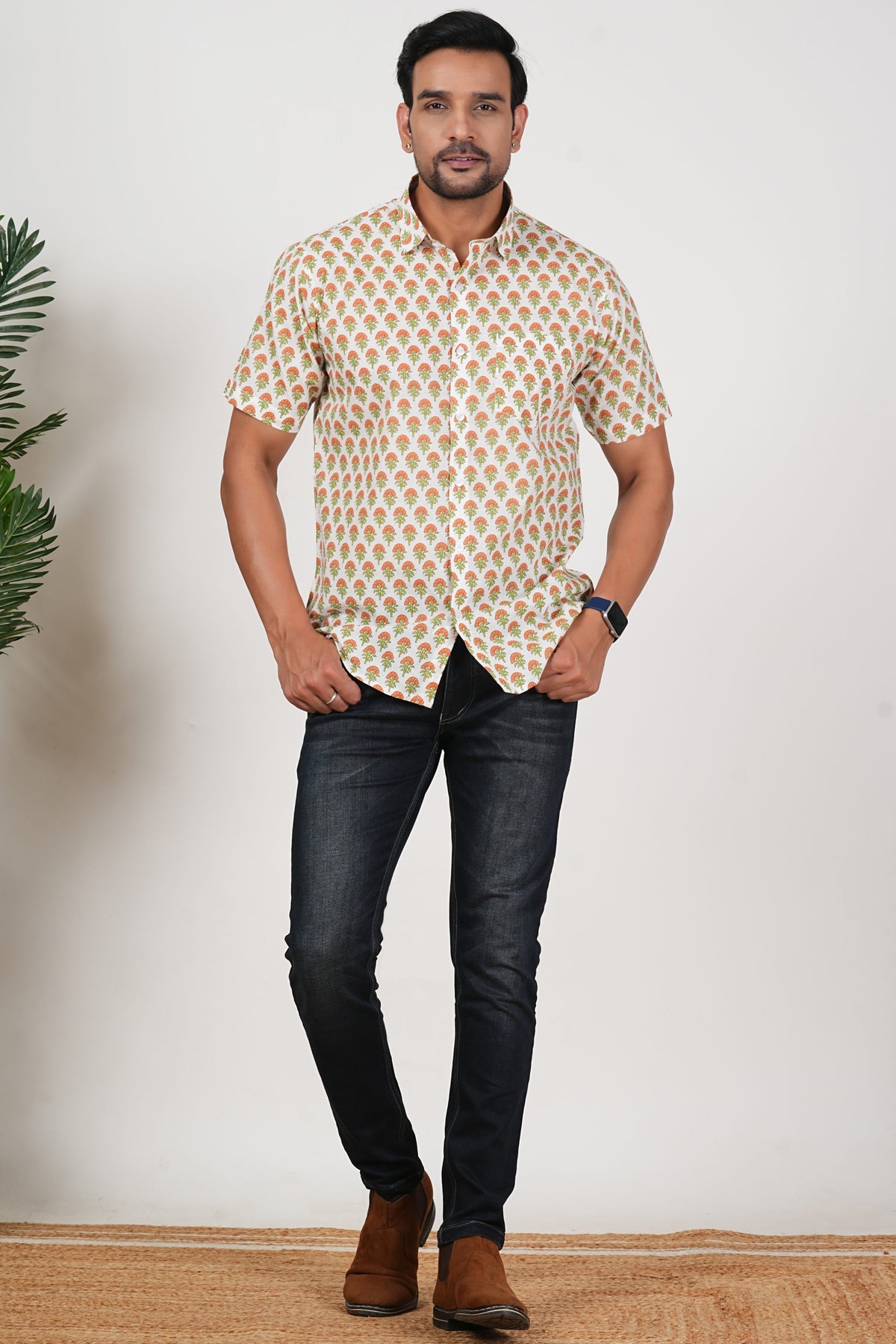 Orange That Pops, Green That Looks Floral Print Cotton Half Sleeve Shirt for Men