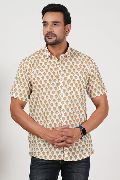 Orange That Pops, Green That Looks Floral Print Cotton Half Sleeve Shirt for Men