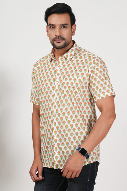 Orange That Pops, Green That Looks Floral Print Cotton Half Sleeve Shirt for Men
