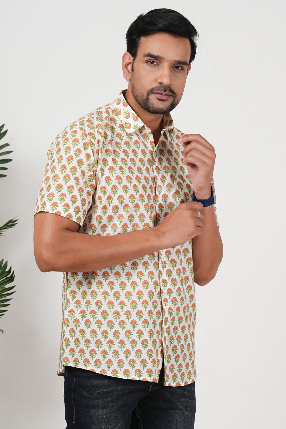 Orange That Pops, Green That Looks Floral Print Cotton Half Sleeve Shirt for Men