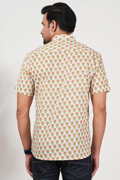 Orange That Pops, Green That Looks Floral Print Cotton Half Sleeve Shirt for Men