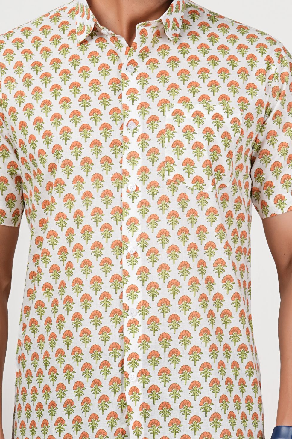 Orange That Pops, Green That Looks Floral Print Cotton Half Sleeve Shirt for Men