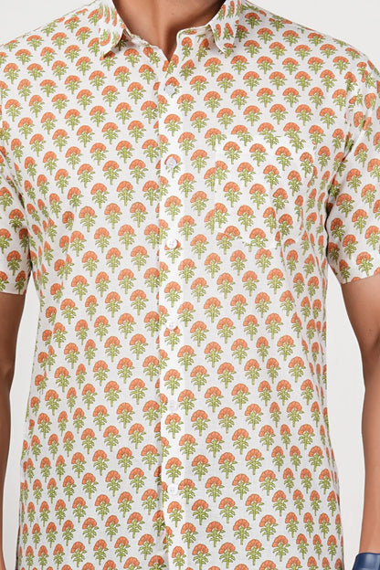 Orange That Pops, Green That Looks Floral Print Cotton Half Sleeve Shirt for Men