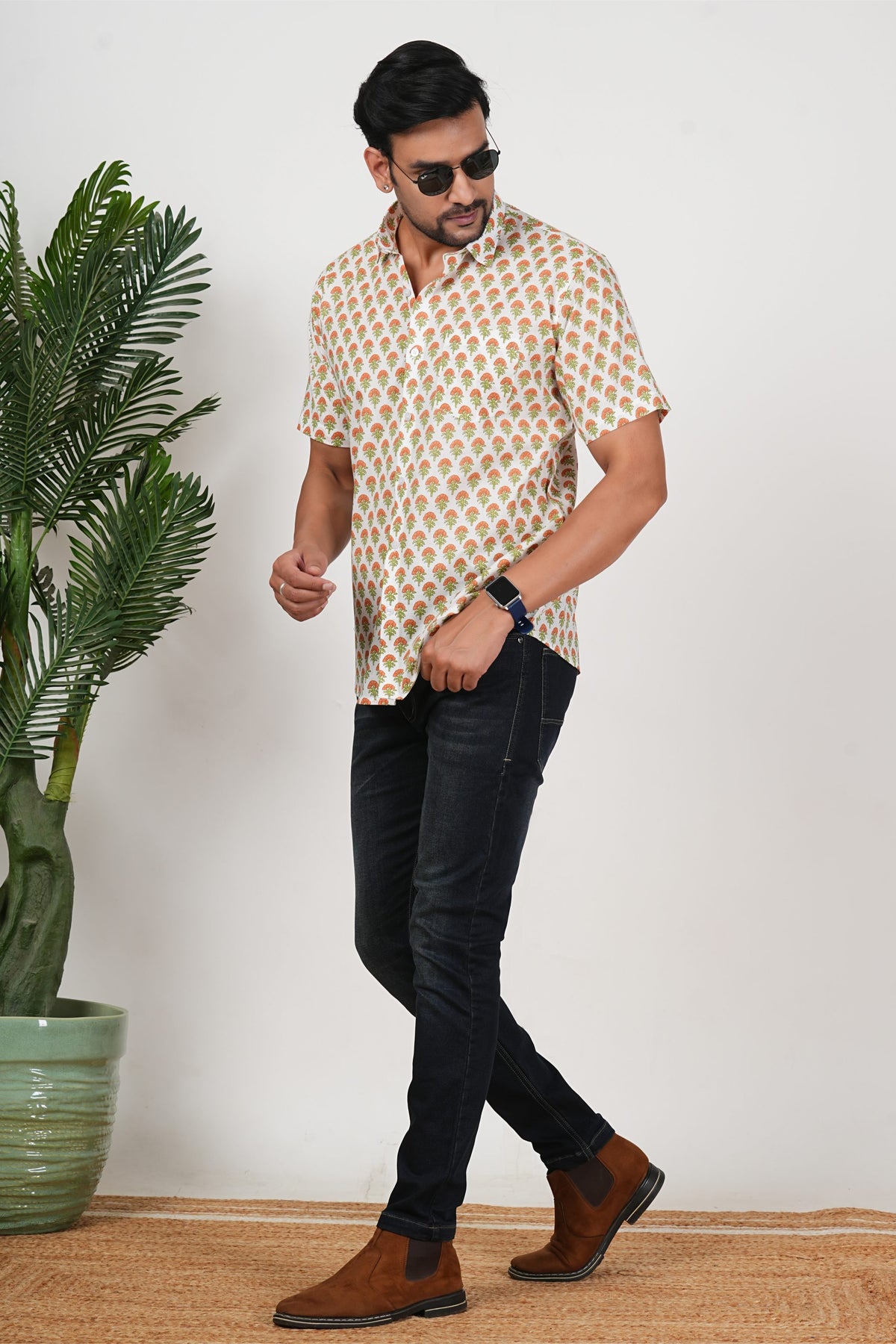 Orange That Pops, Green That Looks Floral Print Cotton Half Sleeve Shirt for Men