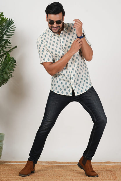 Off White Teal Floral Print Cotton Half Sleeve Shirt for Men