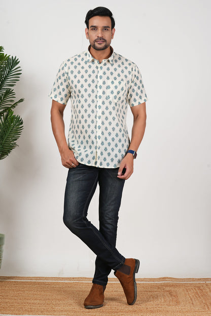 Off White Teal Floral Print Cotton Half Sleeve Shirt for Men