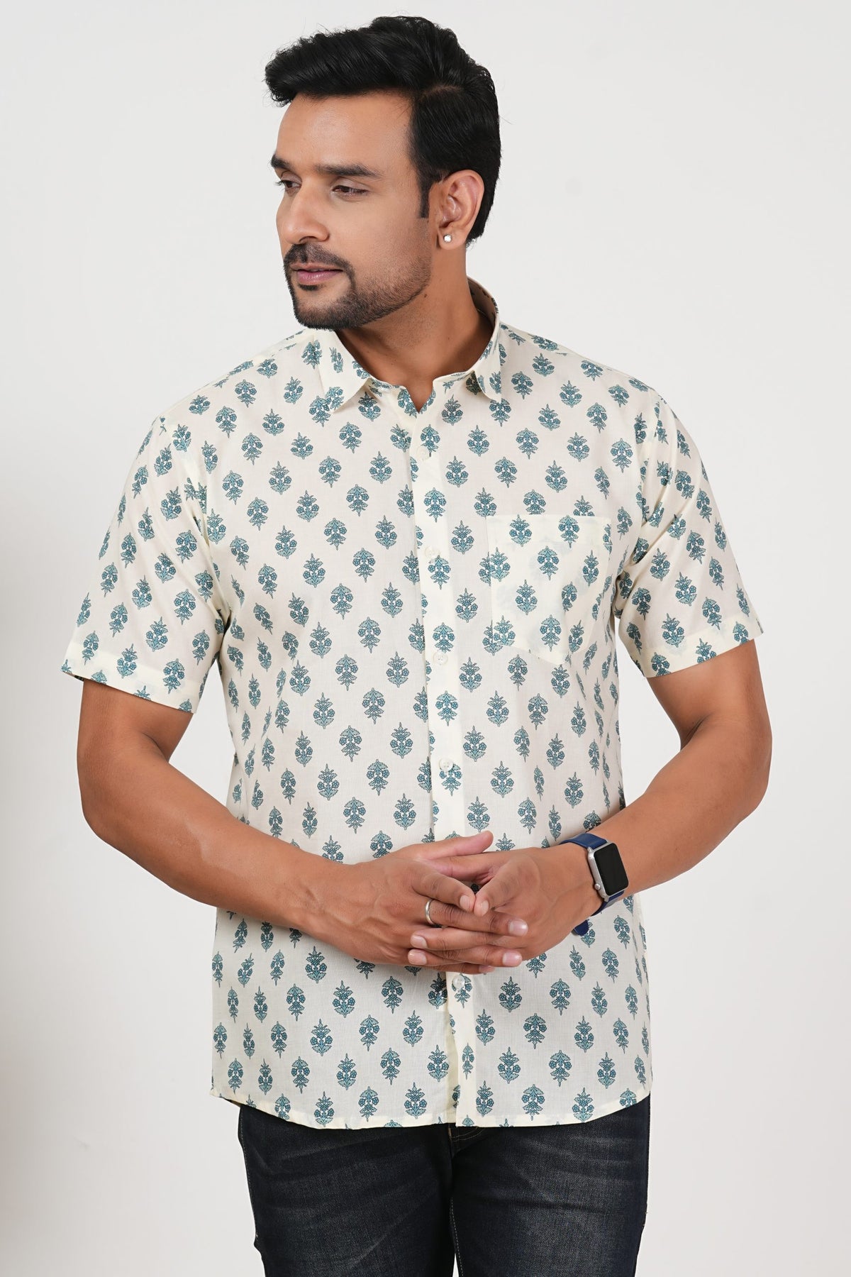 Off White Teal Floral Print Cotton Half Sleeve Shirt for Men