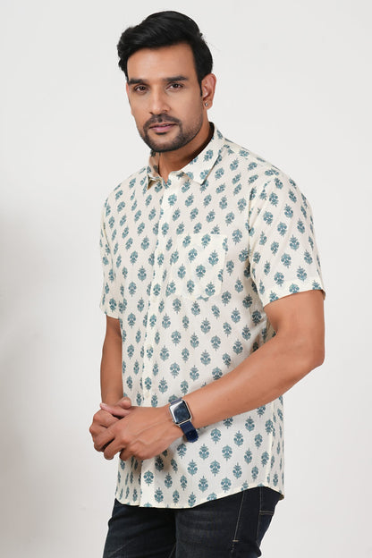 Off White Teal Floral Print Cotton Half Sleeve Shirt for Men