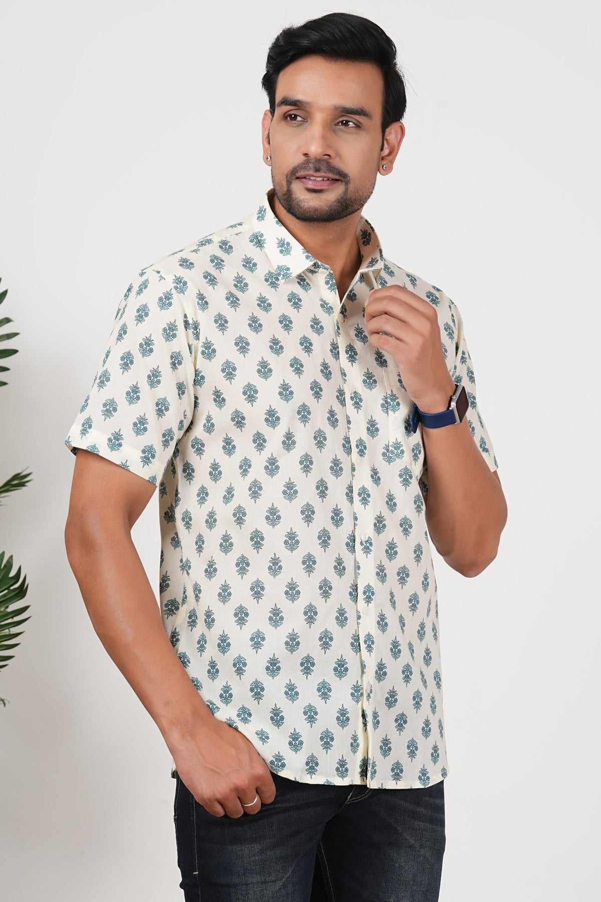 Off White Teal Floral Print Cotton Half Sleeve Shirt for Men